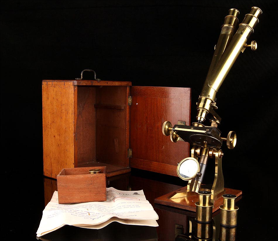 microscopio antiguo, microscopio binocular, hudson & son, antiguedades científicas
