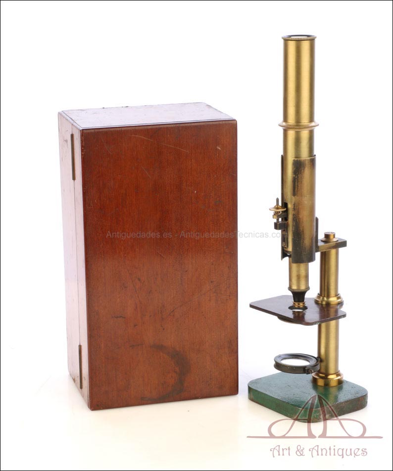 Antiguo Microscopio de Estudiante. Inglaterra-Francia, Circa 1900