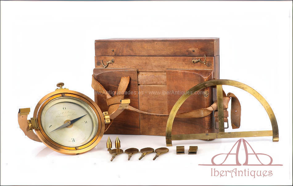 Antigua brújula topográfica de latón para teodolito con estuche original Francia-España c.1900