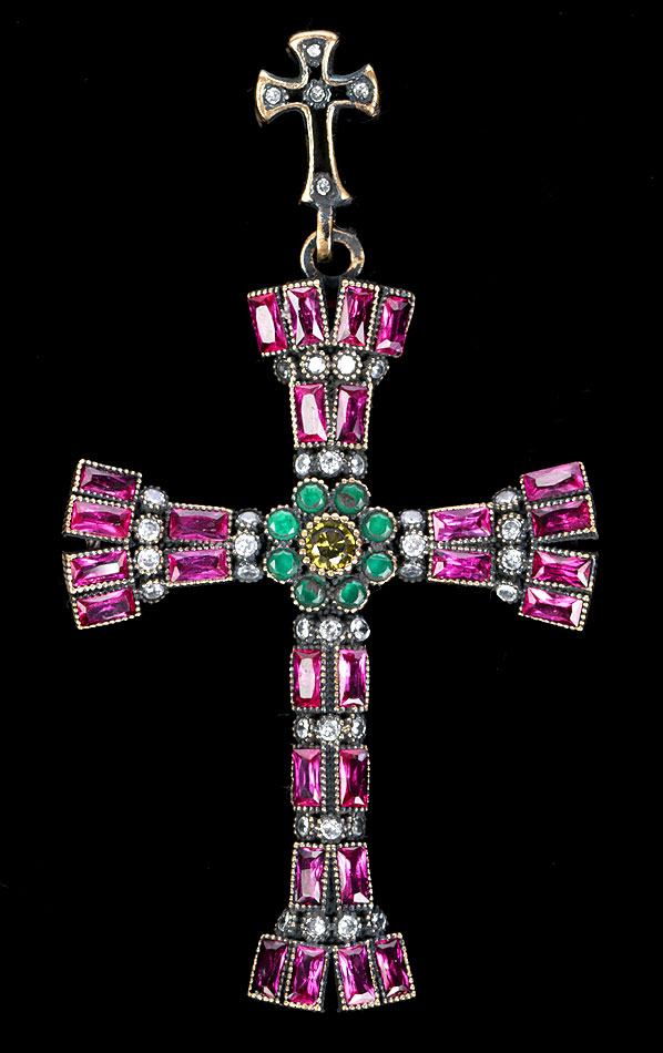 Cruz de Pecho en Plata, Bronce, Topacios, Ágatas, Granates.Vintage