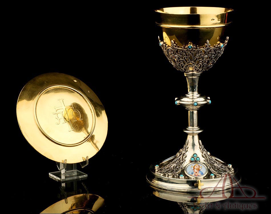 Antiguo Cáliz de Plata. Turquesas y Esmaltes. Francia, Siglo XIX