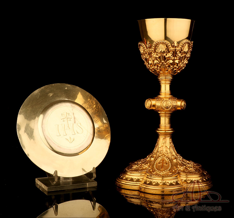 Antiguo Cáliz Neogotico y Patena dePlata y Metal Dorado. España, 1898