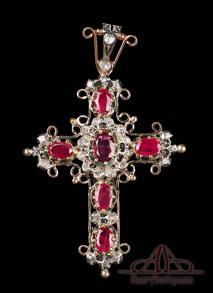 Cruz de oro 18K con rubíes naturales y diamantes España  c. 1900-1920
