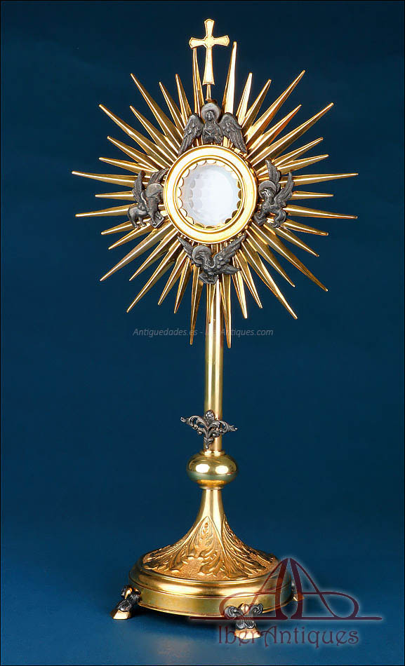 Antigua custodia española de latón dorado con viril completo, circa 1950
