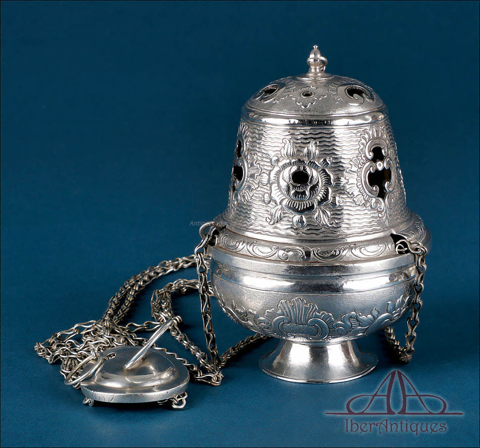 Antiguo Incensario Litúrgico Español de Plata, España del Siglo XVIII, c. 1750