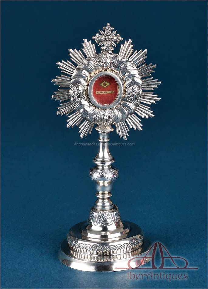 Relicario ostensorio antiguo en plata con reliquia de San Estanislao Kostka, XIX