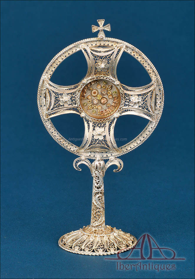 Antiguo Relicario Ostensorio Jesuita en Filigrana de Plata, España siglo XIX