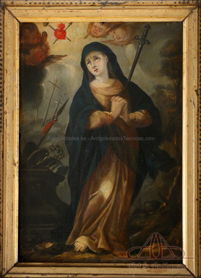 Óleo sobre tabla. Virgen María Dolorosa. Escuela Española, S. XVIII