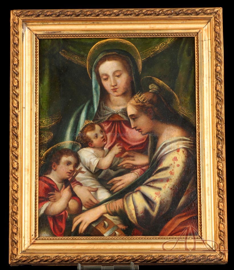 María e Isabel con Jesús y Juan Bautista. Escuela Italiana, S. XVII. Óleo sobre Cobre.