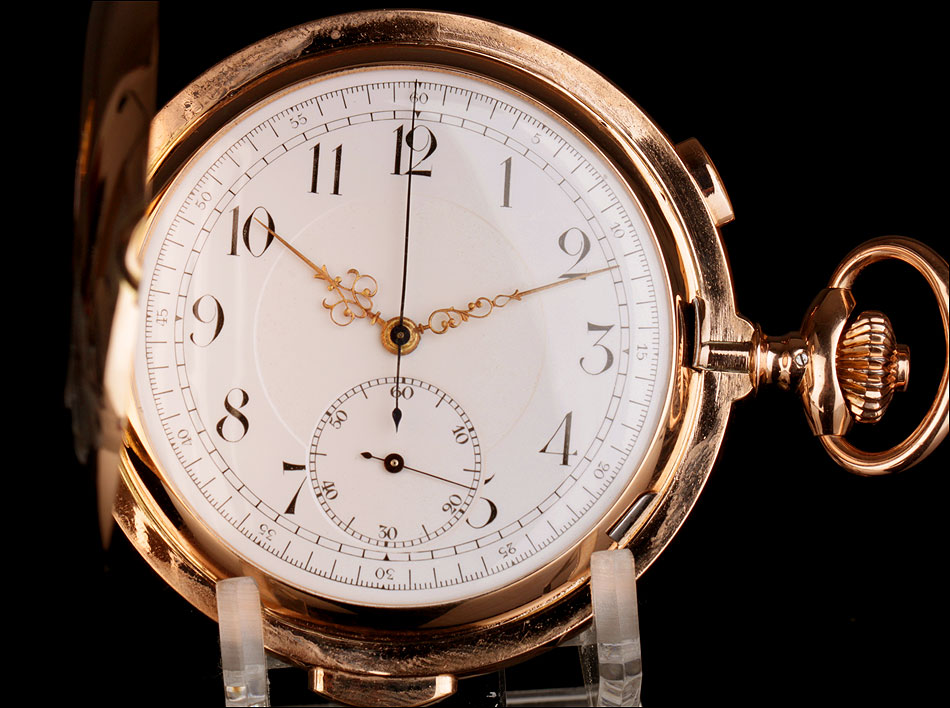 Reloj de Bolsillo Antiguo. Oro de 14K. Cronómetro. Sonería a Minutos. Suiza, 1900.