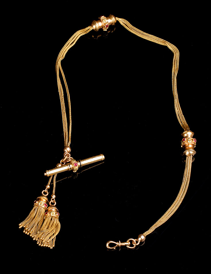 Cadena de Oro de 18K Antigua para Reloj de Bolsillo. Rubíes. Circa 1850