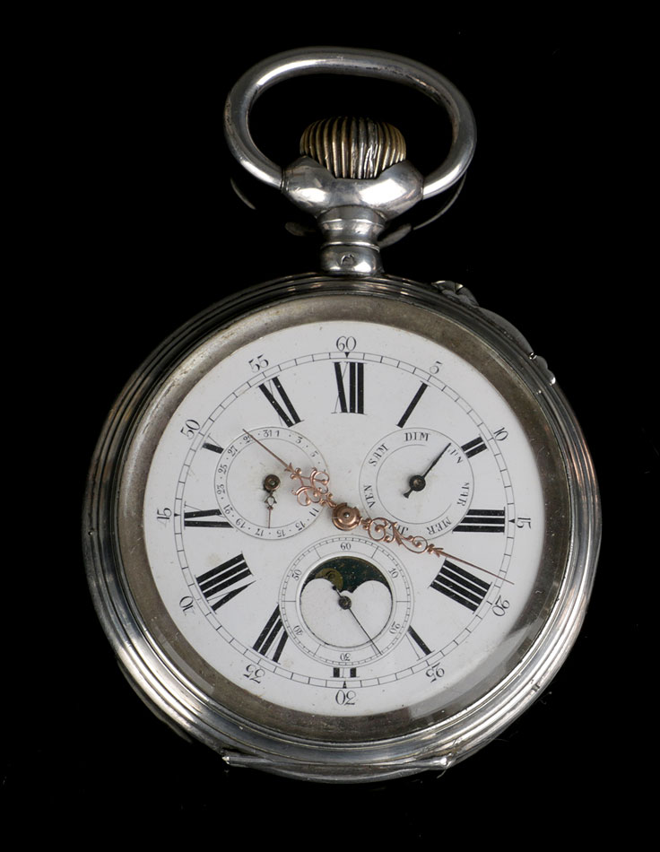 Antiguo Reloj de Bolsillo Sobredimensionado. Plata. Calendario. Fases Lunares. Suiza, 1890