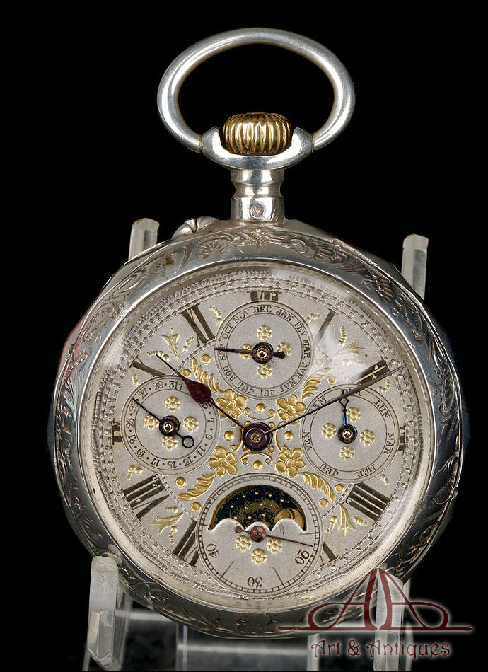 Reloj de Bolsillo antiguo de plata con Calendario y Fase Lunar. Francia, Circa 1880