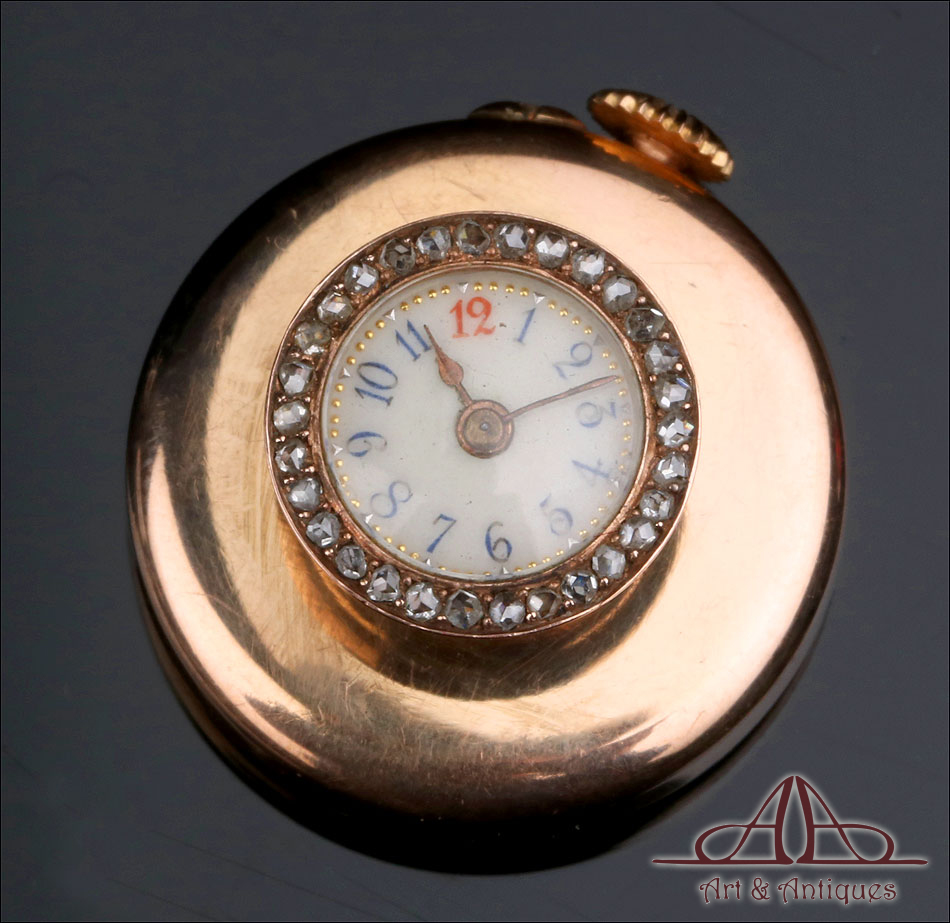 Antiguo Reloj de Ojal. Oro de 18 K y Diamantes. Francia, Circa 1880