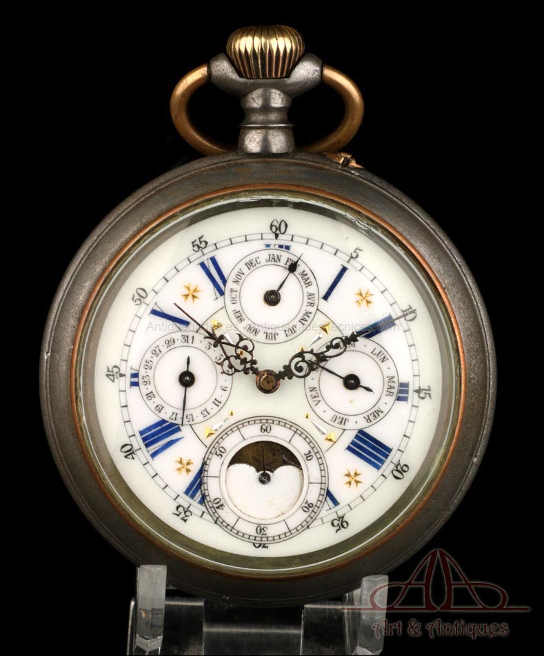 Reloj de Bolsillo Antiguo con Calendario y Fases Lunares. 67 mm. Suiza, 1890