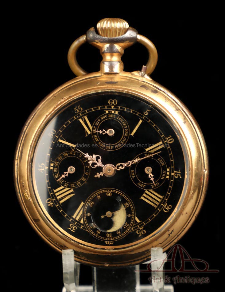 Reloj de Bolsillo Antiguo con Calendario y Fases Lunares. 64 mm. Suiza, circa 1890
