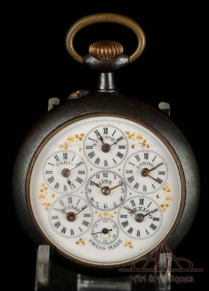Antiguo Reloj de Bolsillo Multi-Horario. 6 diales. Suiza, 1890