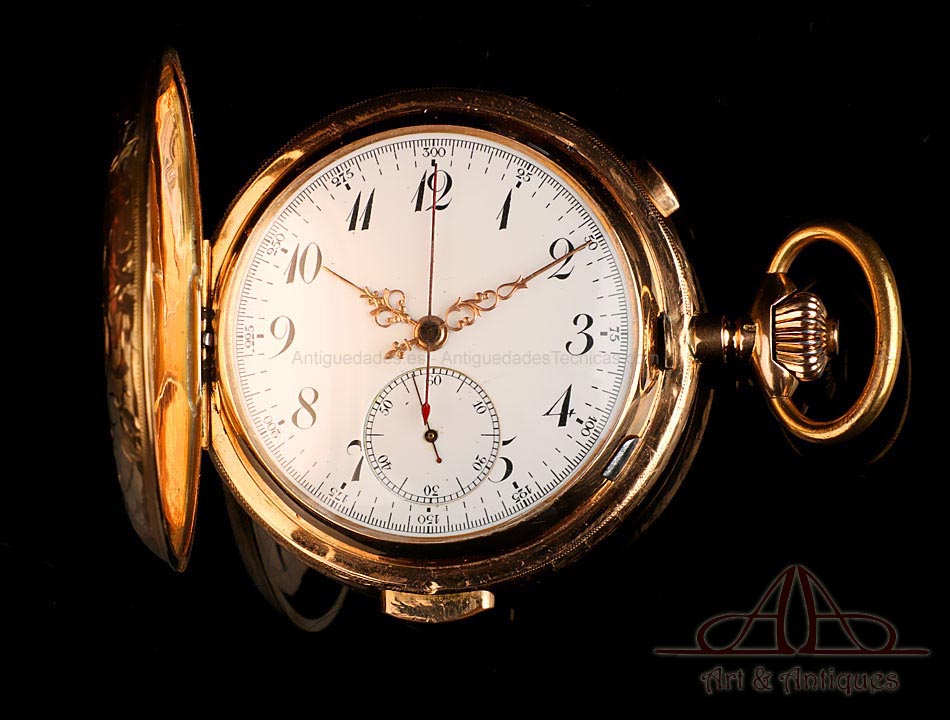 Antiguo Reloj de Bolsillo Invicta. Sonería a Minutos y Crono. Oro 18K. Suiza, Circa 1900