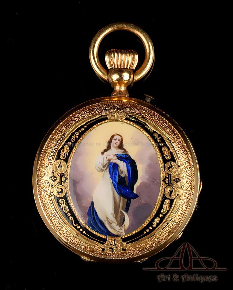Antiguo Reloj de Bolsillo. Esmalte de la Virgen Inmaculada de Soult. Suiza, 1880