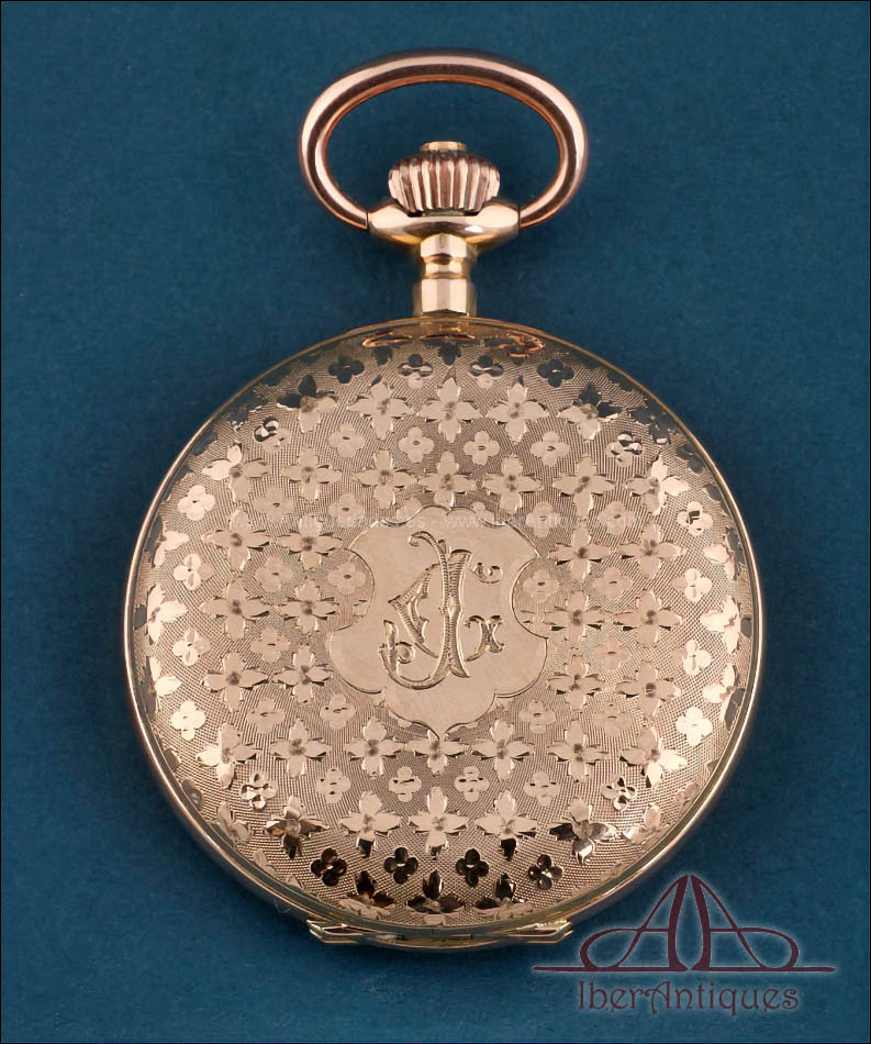 Reloj de bolsillo antiguo suizo Record Watch Co. en oro macizo 18K, circa 1890