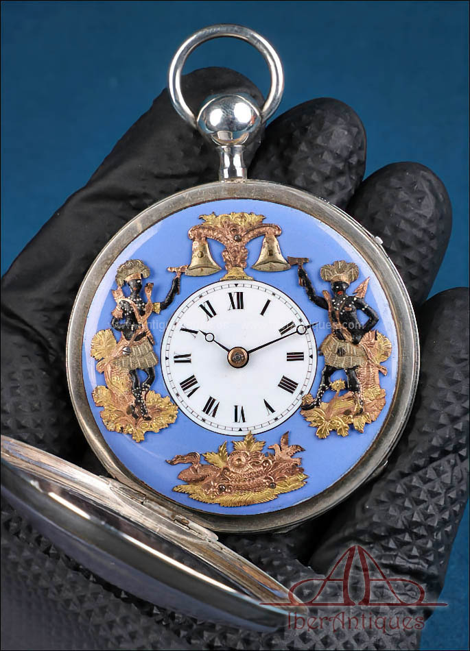 Antiguo Reloj de Bolsillo Autómata. Plata. Sonería a Cuartos. Suiza, ca. 1810-1820