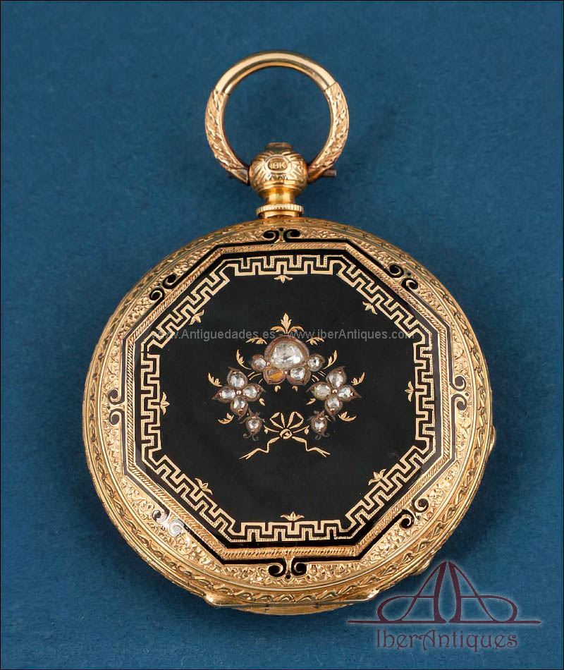 Antiguo Reloj de Bolsillo de oro de 18K. Esmalte y diamantes. Suiza, 1850