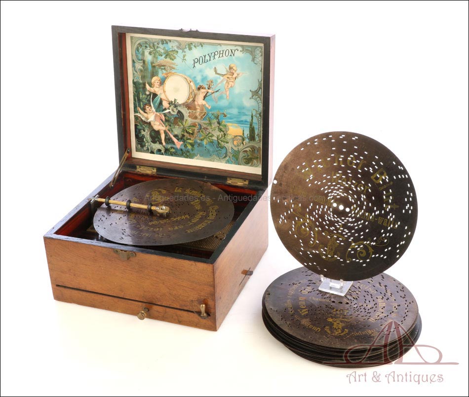 Antigua Caja de Música Polyphon y 15 Discos. Suiza, Siglo XIX