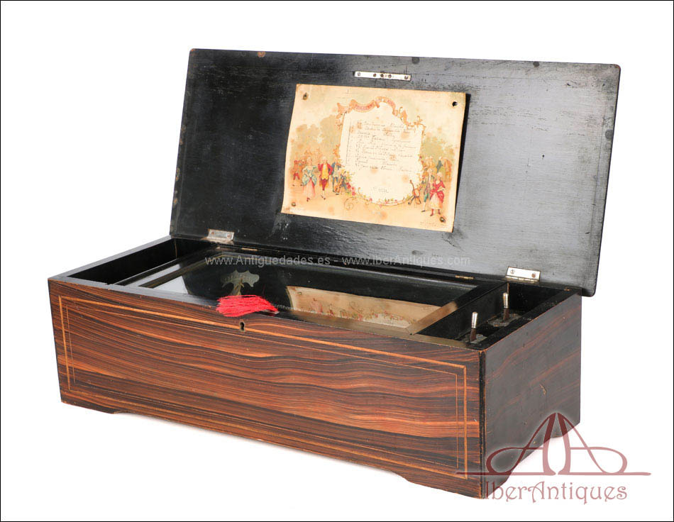 Antigua Caja de Música Suiza de 10 Melodías con Marquetería, circa 1880–1890
