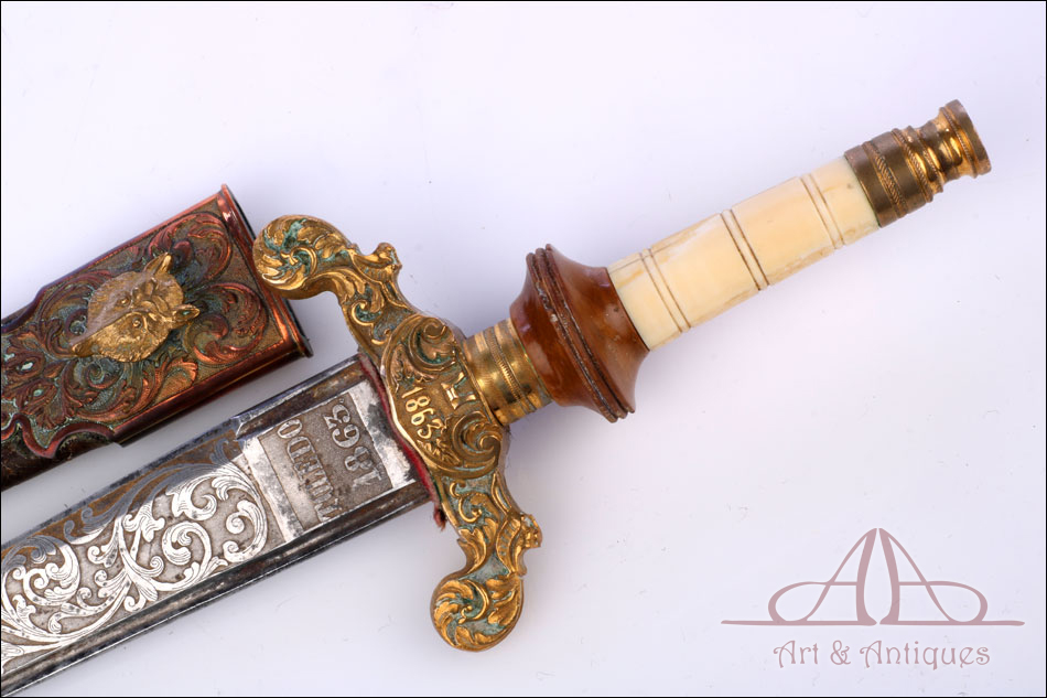 Antigua Bayoneta de Taco con Mango de Marfil. Vaina. Toledo, España, 1863