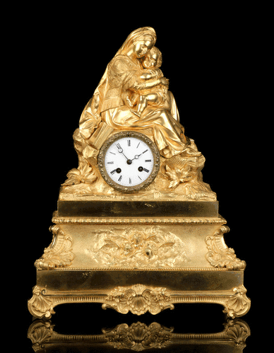 Antiguo Reloj de Sobremesa en Bronce Dorado. Virgen de la Silla. Francia, 1870