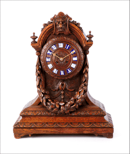 Antiguo Reloj de Sobremesa Tallado a Mano en Madera de Roble. Francia, Circa 1870